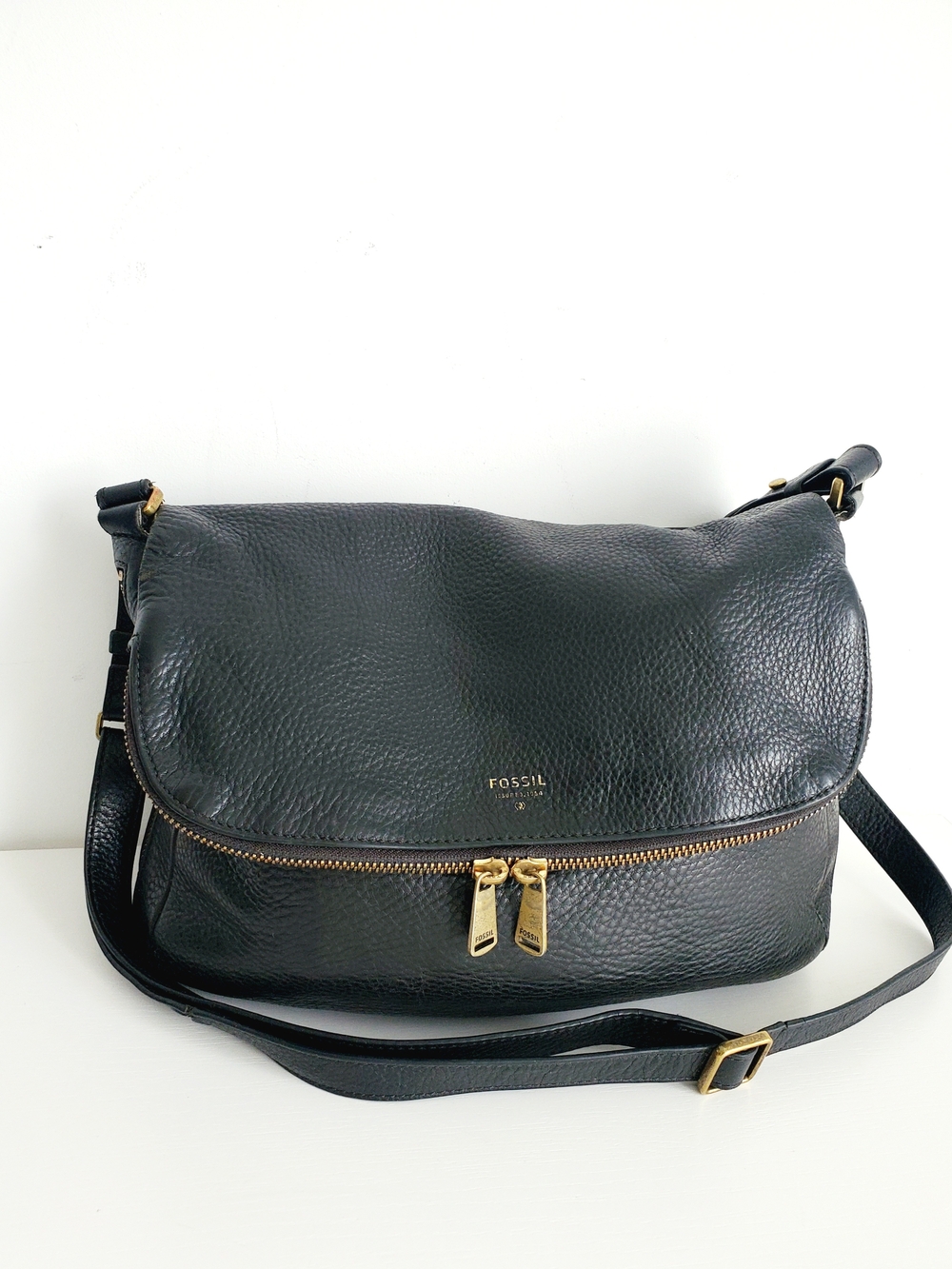 Fossil Preston Black Pebbled Leather Crossbody with Gold Accents